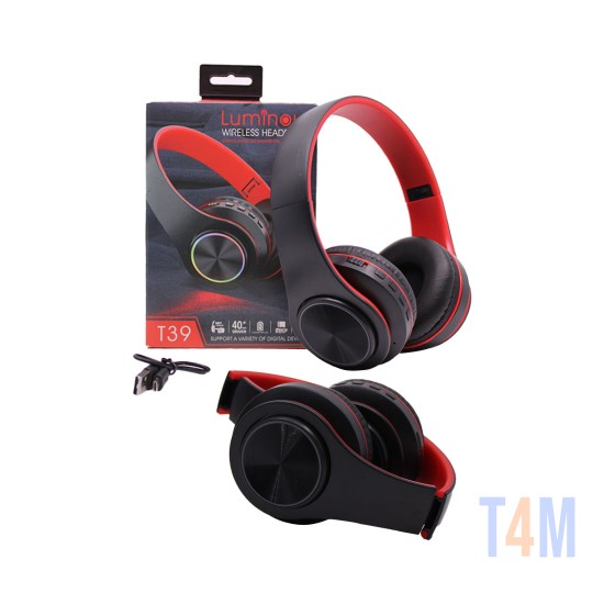 LUMINOUS WIRELESS HEADPHONE T39 TF/MICRO SD/HANDS-FREE WITH COLORFUL LED AND NOISE-CANCELING FEATURE 400MAH BLACK